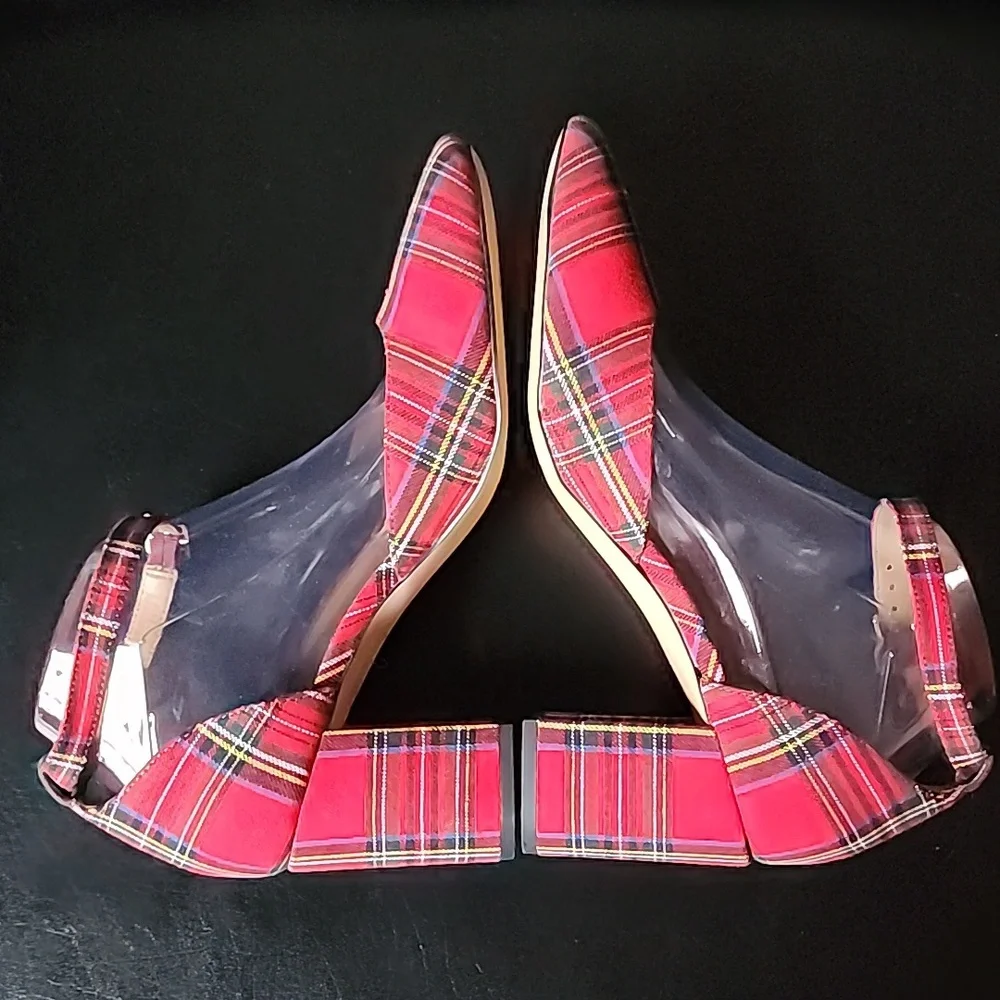 J. Crew Factory Tartan Plaid Ankle-Strap Block Heels Red Holiday Pumps Size 9.5 - Picture 8 of 9